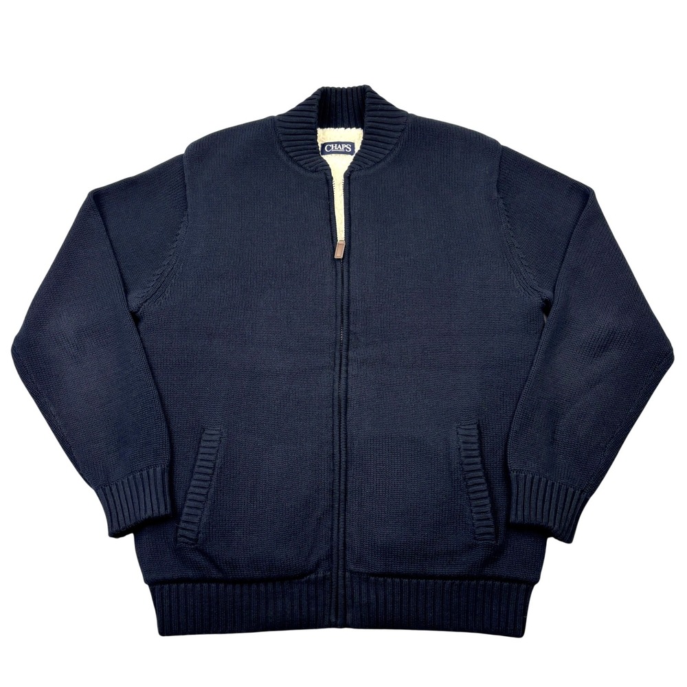 Chaps Cardigan Mens Medium Navy Blue Sherpa Lined Full Zip Cotton Sweater Jacket